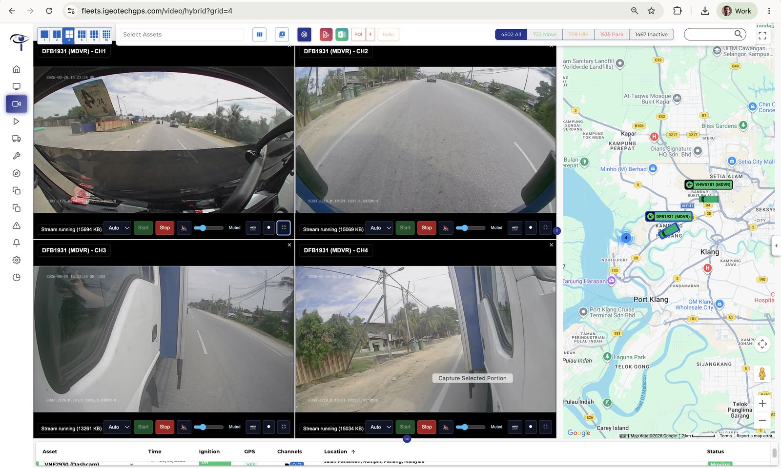 Hybrid View — a four-camera live grid, the dashcam unit map and the vehicle table in one workspace. Each cell shows its own stream size, quality selector and Start/Stop control.