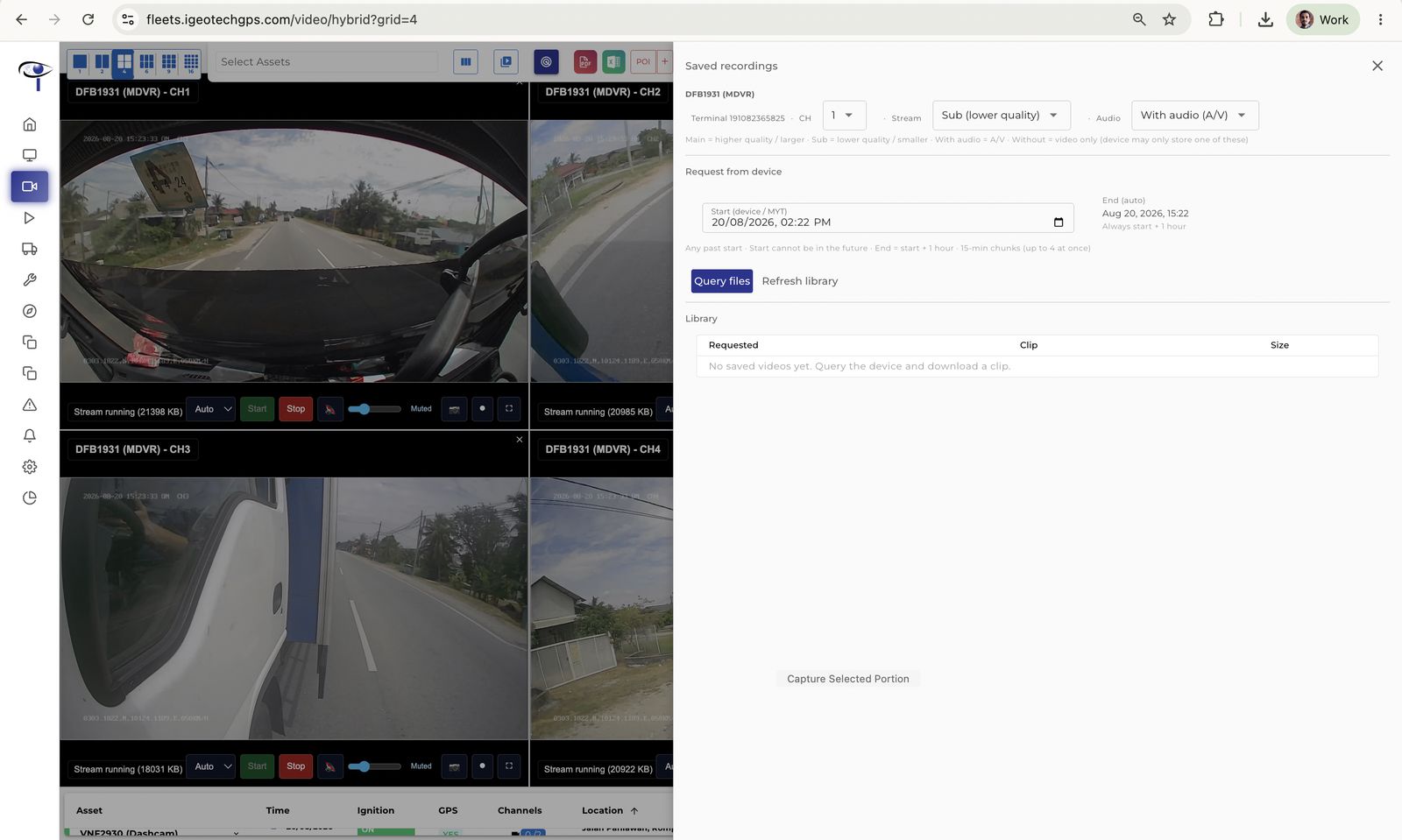 The Saved recordings drawer: pick channel, Main or Sub, and whether you want audio, then query the device in 15-minute chunks and pull the clip into the library.